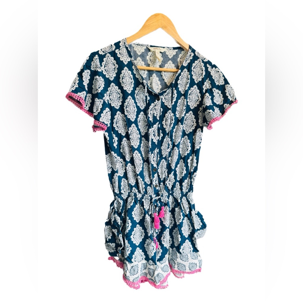 Cottagecore Chic Summer Romper –Navy & White with Pink Tassel Accents Size Small - Picture 2 of 3